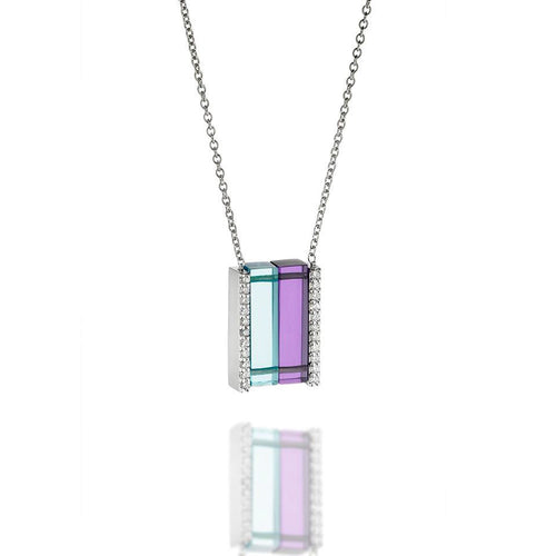 Blue Topaz and Amethyst Pendant in White Gold